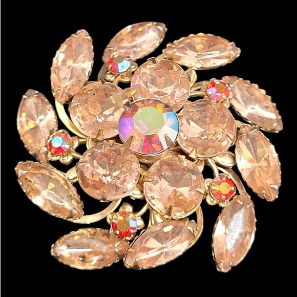 Vintage Luxe 1950s Flower Swirl Rhinestone Brooch Pink Red Retro Statement - Picture 1 of 10
